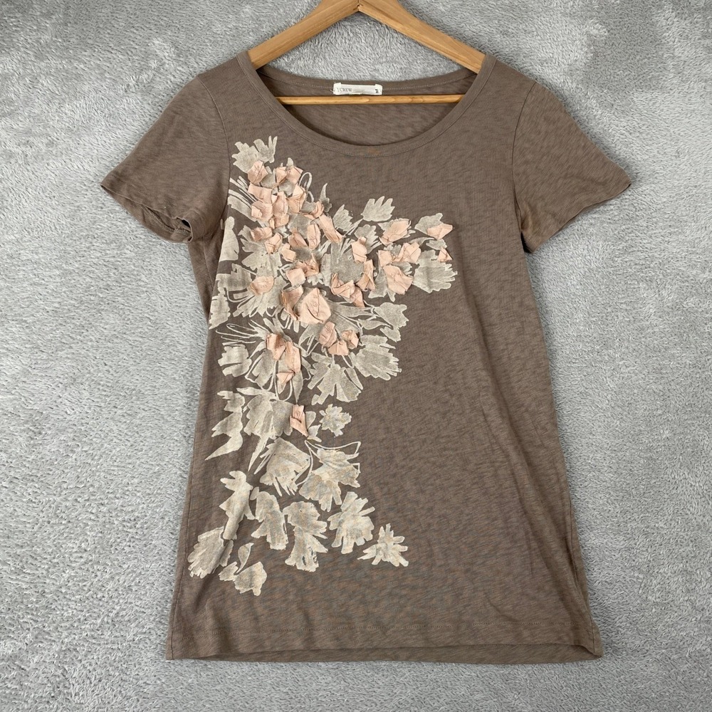 J.Crew Shirt Womens Medium Brown Floral Applique 3D Ribbon Cotton Slub Tee